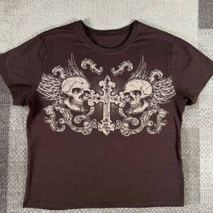 Cyber Brown Skull Cross Graphic Shirt Y2K Style Women XL